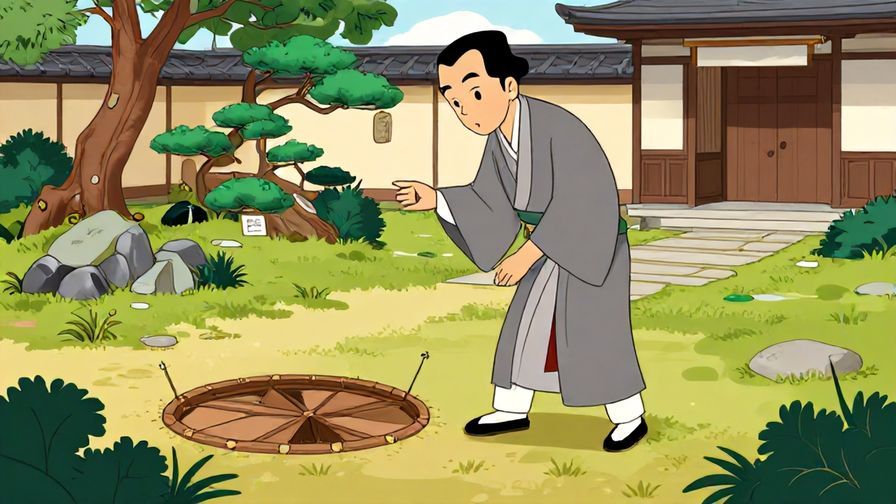 Illustration%20of%20a polite%20character%20gesturing%20carefully%20toward%20a%20trap%20in%20a%20traditional%20Japanese%20garden%2C%20vibrant%20colors%2C%20illustrated%20style