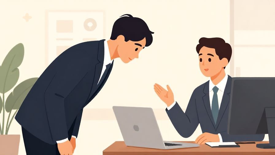 Illustration%20of%20a polite%20person%20bowing%20slightly%20and%20asking%20a%20question%20in%20a%20formal%20office%20setting%2C%20calm%20colors%2C%20illustrated%20style