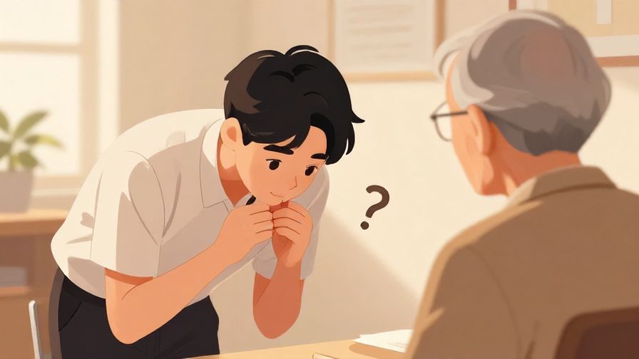 Illustration%20of%20a polite%20young%20person%20bowing%20slightly%20while%20asking%20a%20question%20to%20an%20elderly%20person%2C%20indoor%20setting%2C%20warm%20lighting%2C%20illustrated%20style