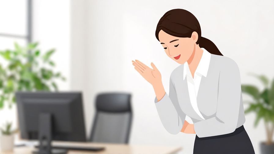 Illustration%20of%20a polite%20young%20woman%20bowing%20slightly%20while%20gesturing%20“wait”%20with%20a%20smile%2C%20bright%20office%20background%20with%20plants.