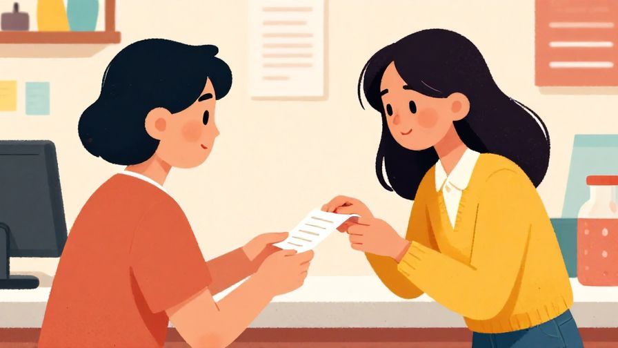 Illustration%20of%20a politely bowing customer asking for a receipt with a gentle expression, store counter background, vibrant colors, illustrated style