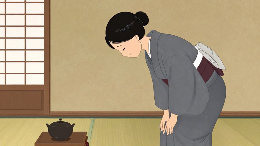 Illustration%20of%20a politely dressed person bowing slightly with a gentle smile, traditional Japanese room background, serene atmosphere, illustrated style