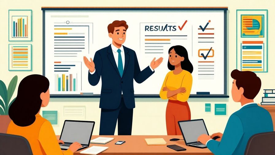 Illustration%20of%20a professional confidently presenting results to colleagues, symbolizing anticipation and accuracy. Bright colors, detailed background, illustrated style