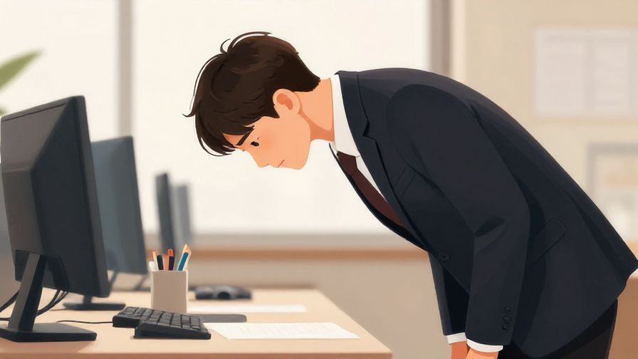 Illustration%20of%20a professional person bowing deeply in a formal setting, office background, soft lighting, illustrated style