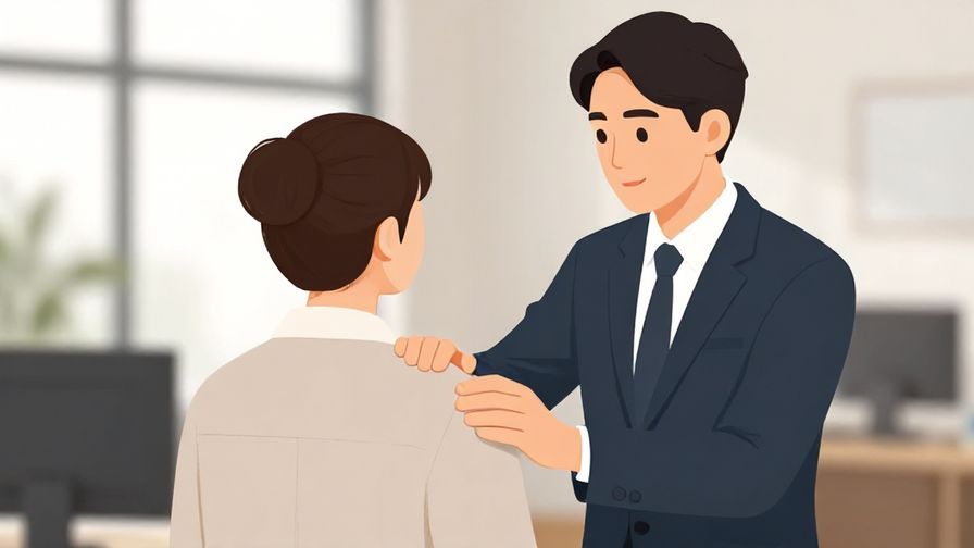 Illustration%20of%20a professional person gently placing a hand on another’s shoulder, soft office background, illustrated style