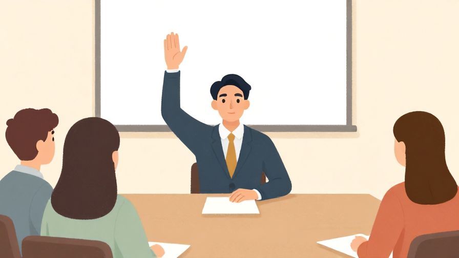 Illustration%20of%20a professional person politely raising their hand in a meeting room, soft colors, neat background, illustrated style