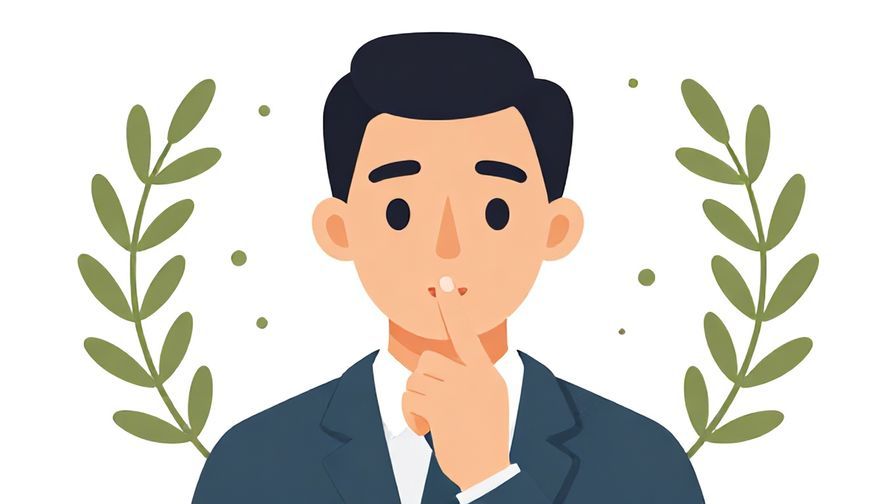 Illustration%20of%20a professional person with finger on lips, surrounded by olive branches and soft dots, calm and formal colors, illustrated style