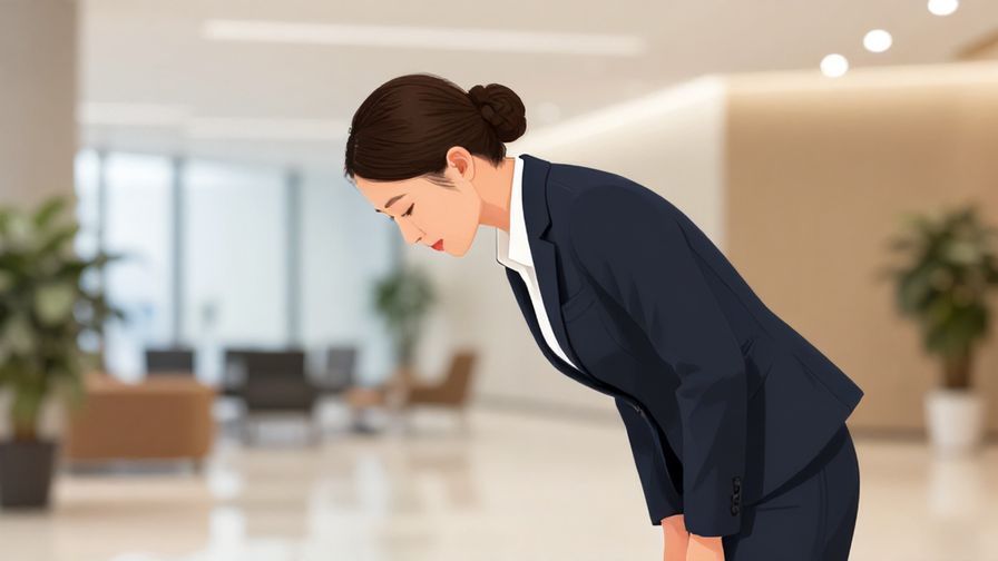 Illustration%20of%20a professional woman bowing gently%2c office lobby background%2c soft lighting and refined colors%2c illustrated style