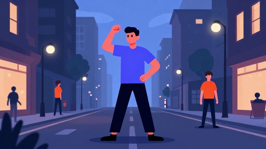 Illustration%20of%20a protective figure standing slightly ahead of a friend, confident stance, urban street at dusk