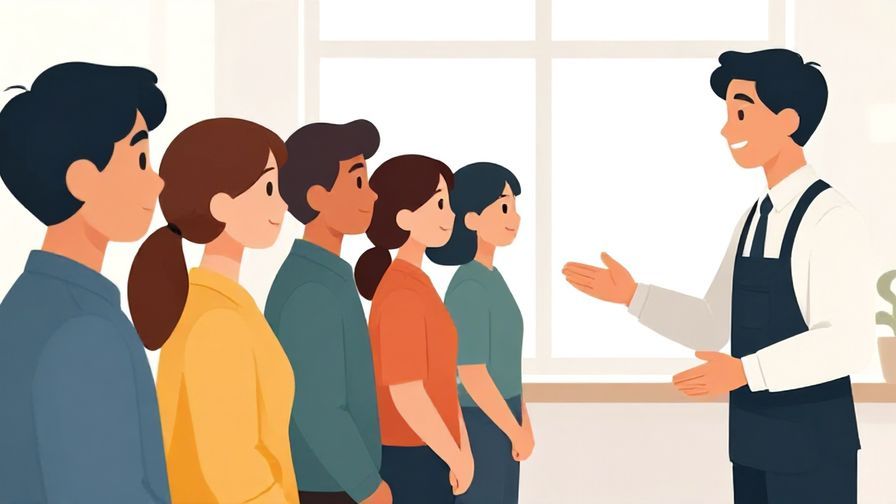 Illustration%20of%20a queue%20of%20people%20waiting%2C%20a polite attendant%20gesturing%20to%20the%20next%20person%20with%20a%20warm%20smile%2C%20bright%20interior