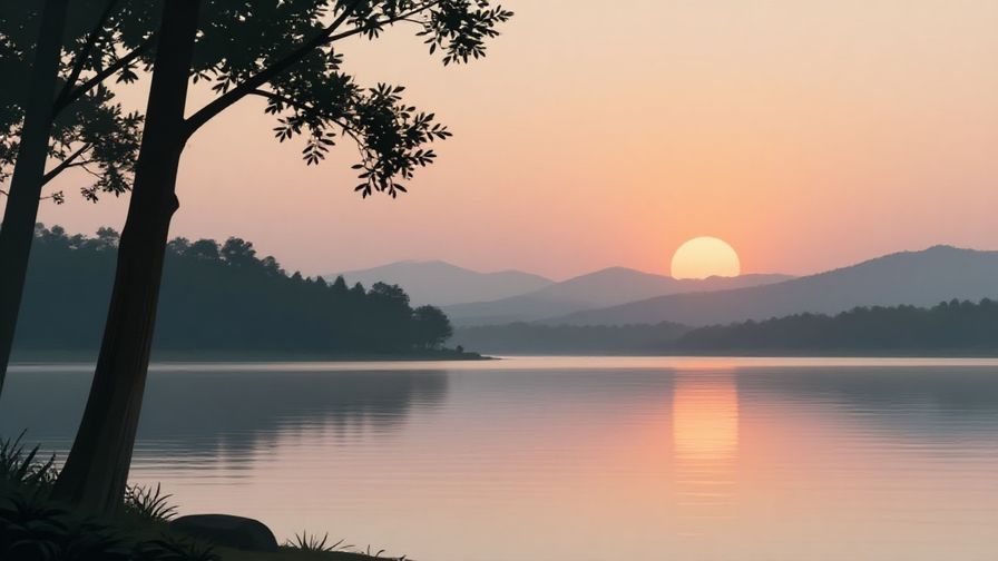 Illustration%20of%20a quiet lakeside at dawn with the silhouette of a rising sun, peaceful and calm atmosphere, soft pastel colors