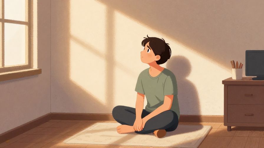 Illustration%20of%20a quiet room with a person looking around curiously, soft shadows, warm lighting, casual indoor setting, illustrated style