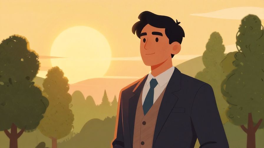Illustration%20of%20a radiant sun rising behind trees, a character confidently looking ahead, formal but warm colors