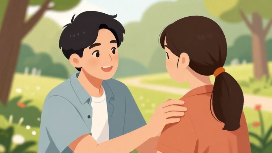 Illustration%20of%20a reassuring friend smiling warmly, placing hand on shoulder, park background