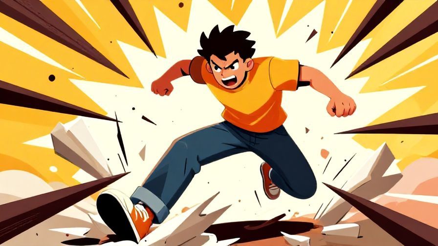 Illustration%20of%20a rebellious person smashing through obstacles with fierce determination, energetic action pose, vibrant colors%2C%20illustrated%20style