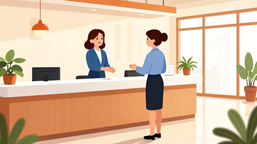 Illustration%20of%20a receptionist greeting warmly with a smile in a bright lobby, polished interior, welcoming vibe, vibrant colors, illustrated style