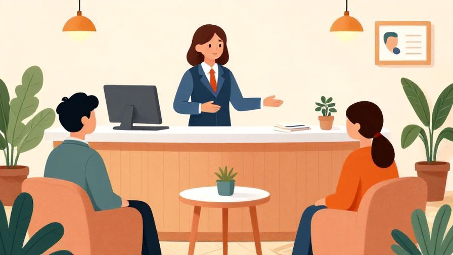 Illustration%20of%20a receptionist politely guiding a visitor to sit and relax, calm interior, soft lighting, vibrant colors, illustrated style