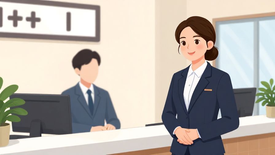 Illustration%20of%20a receptionist with a gentle smile, hands folded, in a bright lobby, stylized colors, polite atmosphere