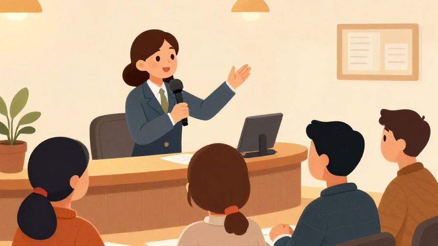 Illustration%20of%20a receptionist with a microphone calling out names, people attentively listening, warm indoor environment
