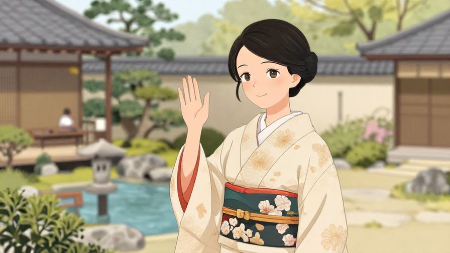 Illustration%20of%20a refined, elegant person waving goodbye with a delicate smile in a traditional Japanese garden, soft pastel colors, illustrated style