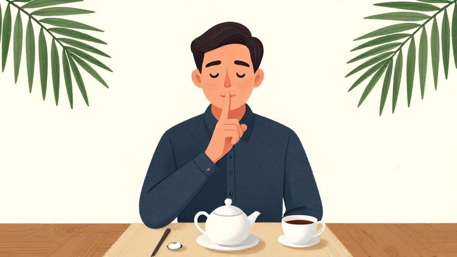 Illustration%20of%20a refined person making a gentle shushing gesture in a formal tea room, surrounded by palm leaves and soft dots