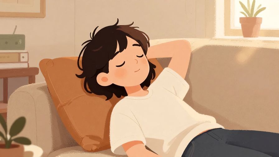 Illustration%20of%20a relaxed character lying on a couch with eyes closed, carefree expression, cozy room with soft lighting, warm colors, illustrated style