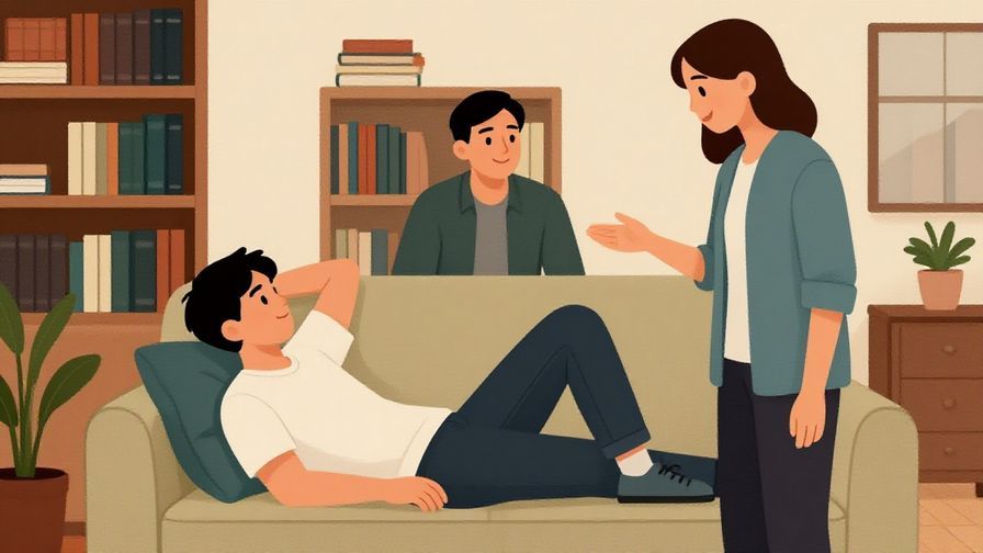 Illustration%20of%20a relaxed college student lying on a couch and casually greeting a roommate with a smile.%20Soft%20colors%2C%20illustrated%20style