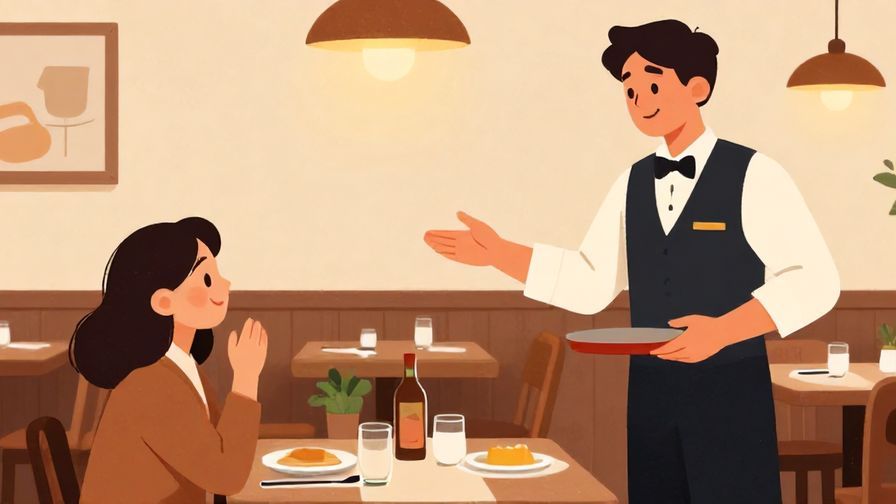 Illustration%20of%20a relaxed diner%20smiling%20and%20asking%20a%20waiter%20with%20a%20friendly%20tone%20in%20a%20small%20restaurant%2C%20warm%20lighting%2C%20illustrated%20style