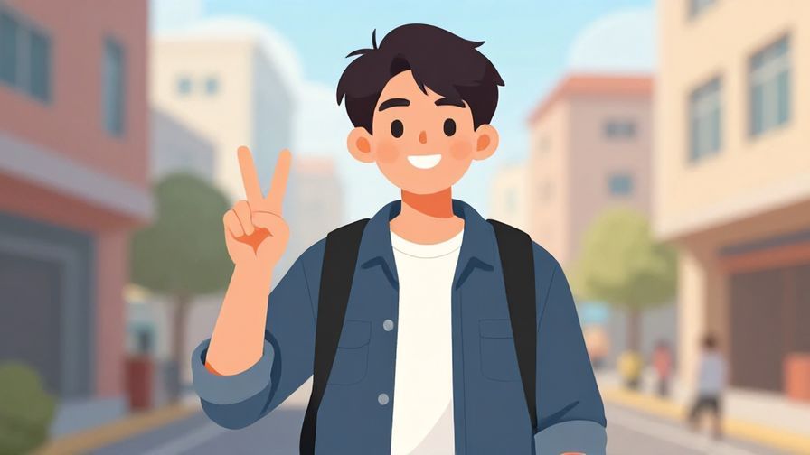 Illustration%20of%20a relaxed, friendly student giving a peace sign with a casual urban background