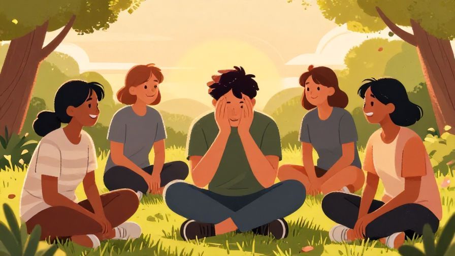 Illustration%20of%20a relaxed group of friends, one person facepalming while others smile, park setting, sunset lighting, illustrated style