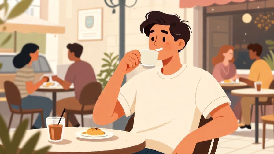 Illustration%20of%20a relaxed man leaning back smiling, cafe terrace setting with friends, warm colors, illustrated style