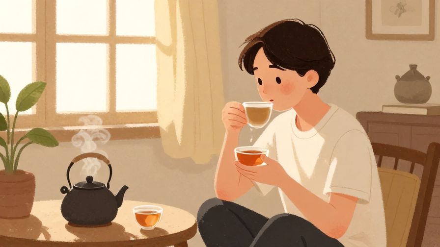 Illustration%20of%20a relaxed person enjoying tea, peaceful room with sunlight, soft warm colors, illustrated style