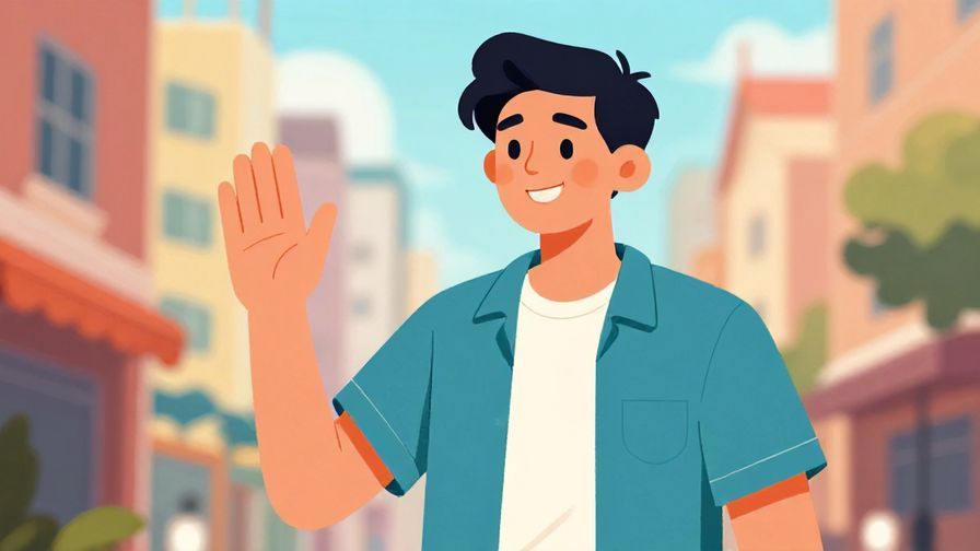 Illustration%20of%20a relaxed person giving a reassuring smile and waving hand, casual urban background, vibrant colors, illustrated style