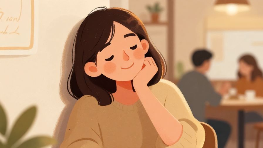 Illustration%20of%20a relaxed person leaning against a wall smiling softly, cozy cafe background, warm colors, illustrated style