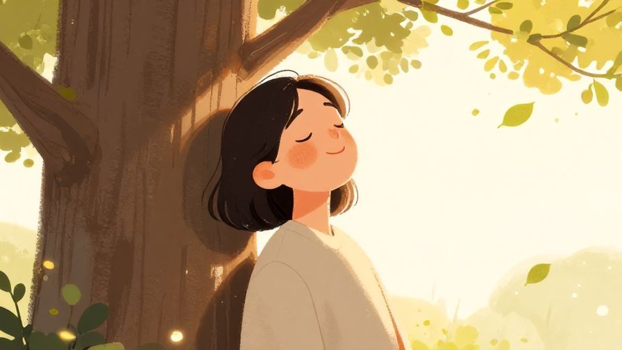 Illustration%20of%20a relaxed person leaning against a tree, eyes closed with a peaceful smile, under soft sunlight and gentle floating leaves, illustrated style, warm colors