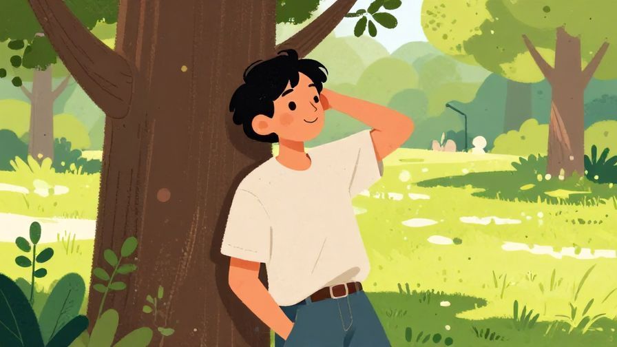 Illustration%20of%20a relaxed person leaning against a tree, smiling thoughtfully, sunny park background, detailed background, vibrant colors, illustrated style