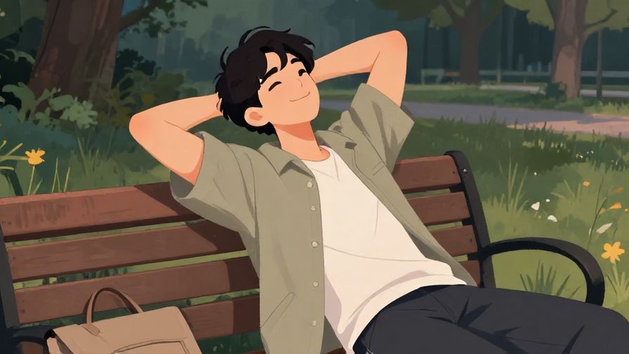 Illustration%20of%20a relaxed person leaning back with a smirk, casual clothes, soft evening park background