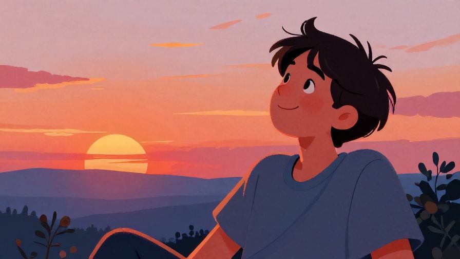 Illustration%20of%20a relaxed person leaning back with a smile, looking at a sunset, carefree and hopeful mood, vibrant colors, illustrated style