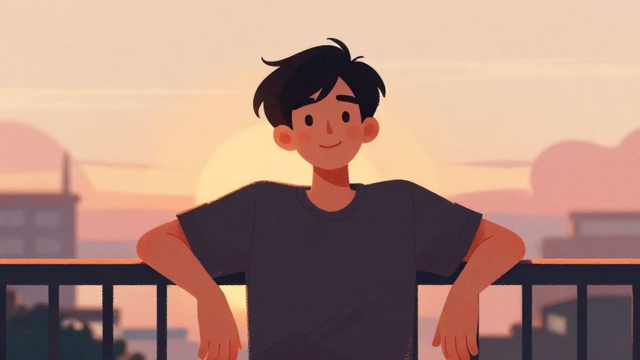 Illustration%20of%20a relaxed person leaning on a fence with a confident smile, soft sunset background