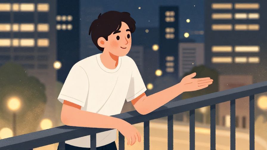 Illustration%20of%20a relaxed person leaning on a railing, inviting a friend with a casual smile, urban night background, illustrated style