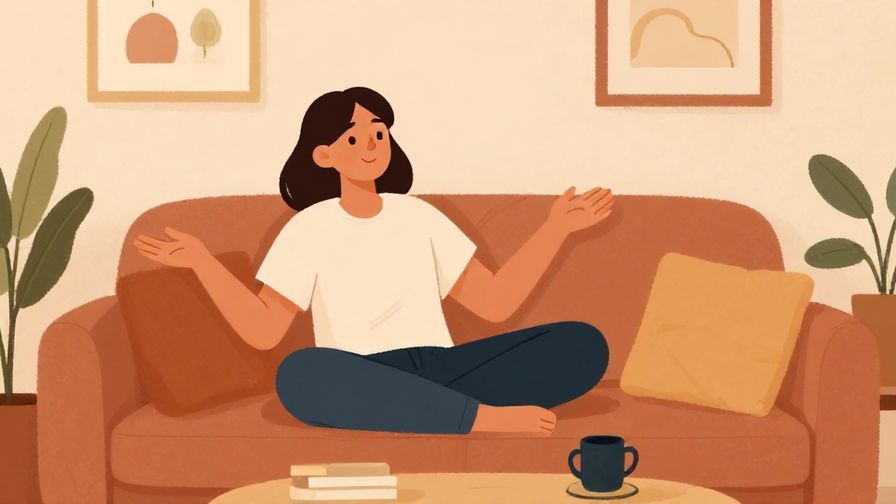 Illustration%20of%20a relaxed person lounging on a sofa with open arms, inviting freedom of choice to an unseen friend. Cozy indoor setting, warm colors.