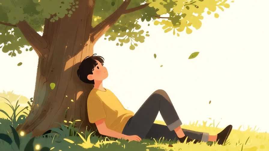 Illustration%20of%20a relaxed person lounging under a tree, daydreaming with soft sunlight and floating leaves around