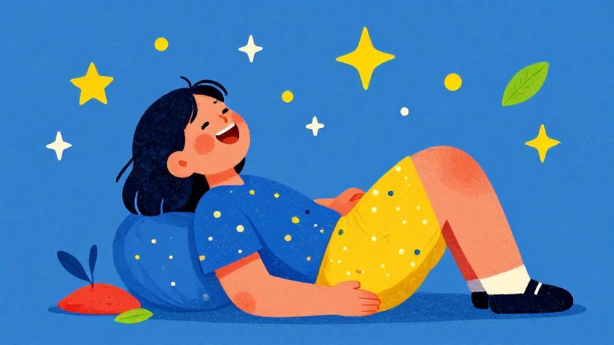 Illustration%20of%20a relaxed person lying back laughing carefree, with playful stars and floating leaves around, vibrant colors, illustrated style