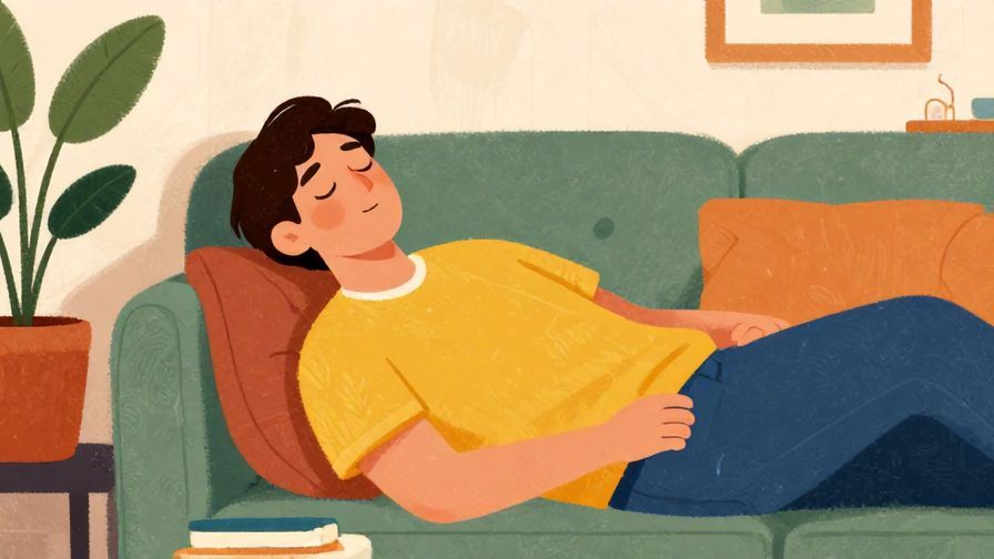 Illustration%20of%20a relaxed person lying back with eyes half-closed in a comfy room, vibrant colors, illustrated style
