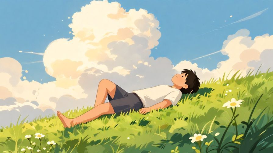 Illustration%20of%20a relaxed person lying on a grassy hill looking at the sky, soft clouds and warm sunlight, illustrated style