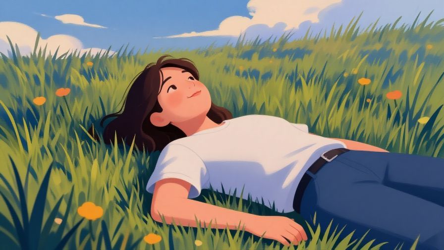 Illustration%20of%20a relaxed person lying on grass looking at the sky with a calm smile, soft afternoon light. Vibrant, soothing colors, illustrated style