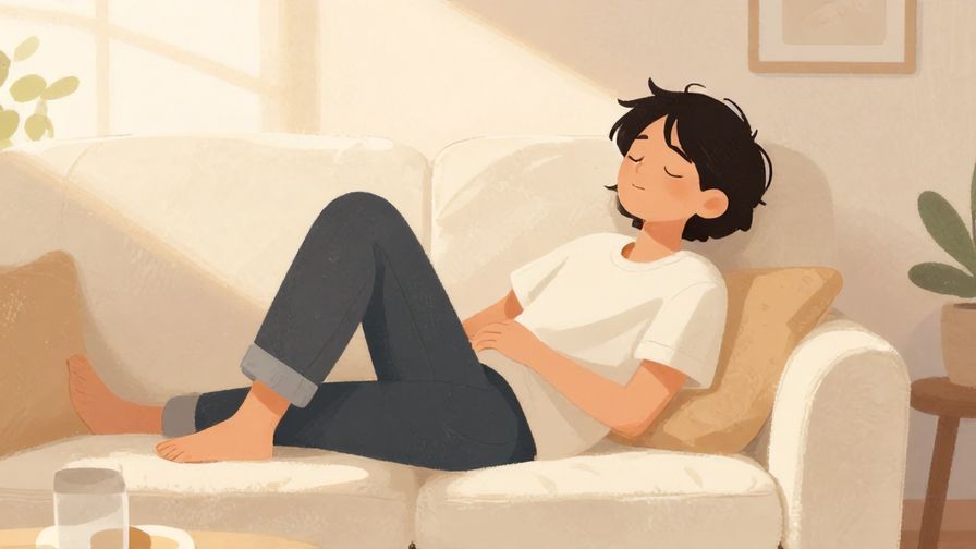 Illustration%20of%20a relaxed person reclining with eyes closed on a soft couch, casual sunlight filling the room, illustrated style