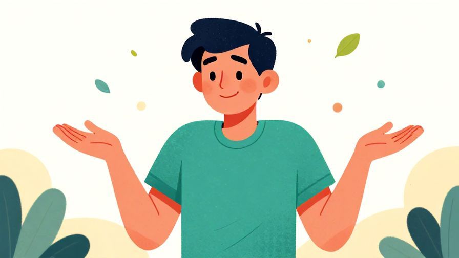 Illustration%20of%20a relaxed person shrugging with a confident smile, background with floating leaves and soft dots, vibrant colors, illustrated style