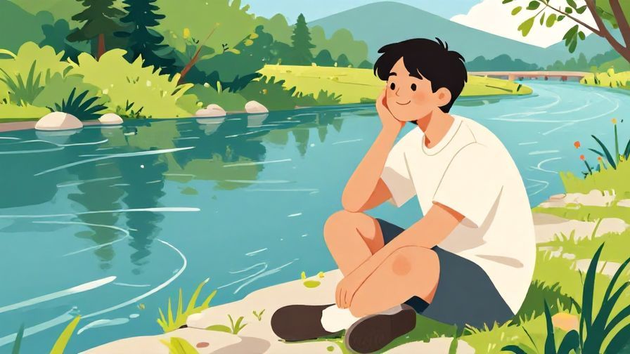 Illustration%20of%20a relaxed person sitting by a riverbank, smiling thoughtfully, detailed background, vibrant colors, illustrated style