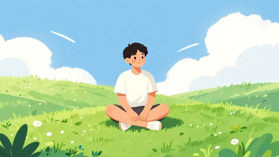 Illustration%20of%20a relaxed person sitting cross-legged on a grassy hill, smiling and asking gently, sunny day with a few clouds, illustrated style